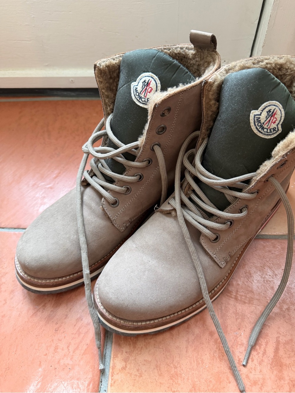 Moncler Men's Taupe Suede Shearling-Lined Lace-Up Boots